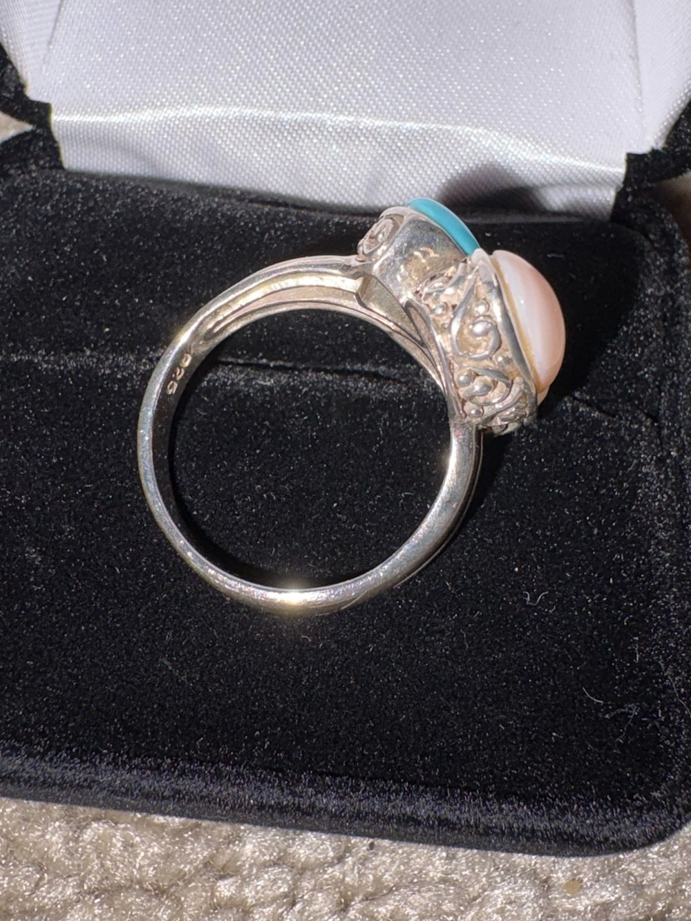 Pure 925 Sterling Silver Turquoise and White Opal Three-Stone Ring - Picture 5 of 8
